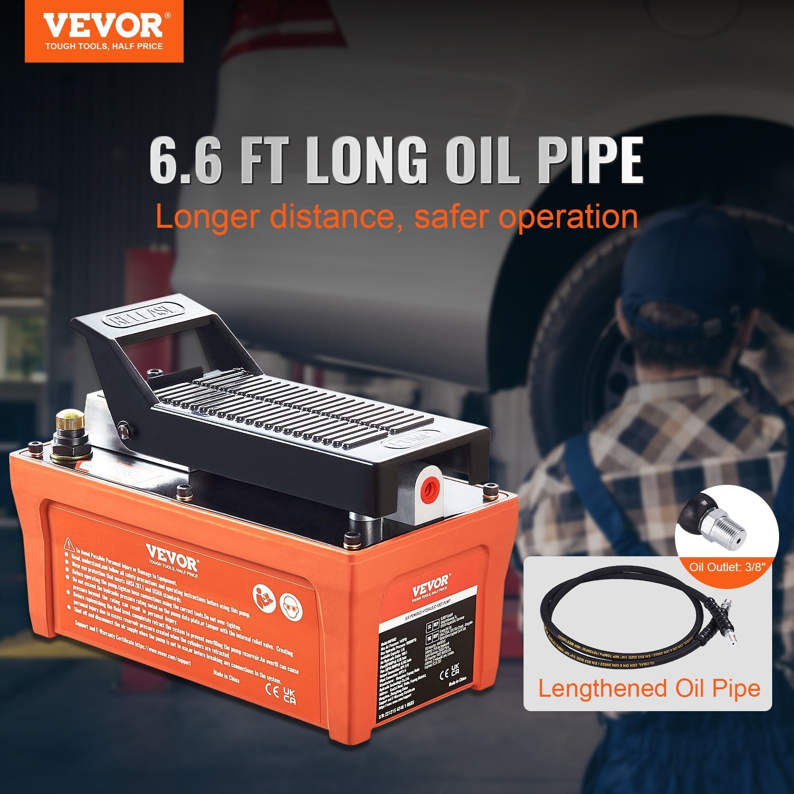 Air Hydraulic Pump, 10,000 PSI 1/2 Gal Reservoir, NPT 3/8" Oil Outlet, NPT 1/4" Inlet, 6.6 Ft Pipe, Foot Actuated Hydraulic Pump Air Treadle For Auto Body Frame Machines And Pulling Post, Orange - Image 2