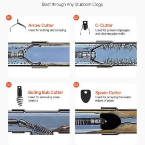 Drain Cleaner Machine 100 FT X 1/2 Inch, Auto Feed Sewer Snake Auger On Wheels, Portable Drain Cleaning Machine With 4 Cutters & Air-activated Foot Switch For 2" To 6" Pipes - Image 3