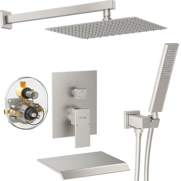 Male NPT Brushed Nickel Shower System, 12 Inch Shower Fixtures Rain Shower Head With Handheld Shower Spray, Wall Mount[Unable Ship Weekends, TK/TEMU Only For Pickup]