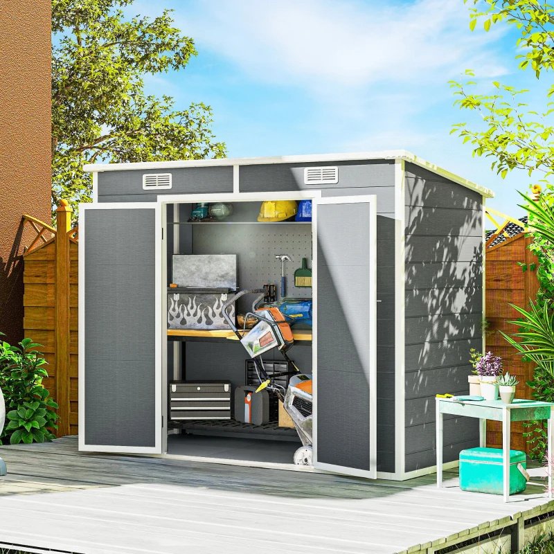 Plastic Outdoor Storage Shed With Floor, Window, Lockable Doors And Vents For Backyard Patio Lawn, Multiple Packages Shipped. Please Pay Attention To The Dimensions And Weight In The Details.