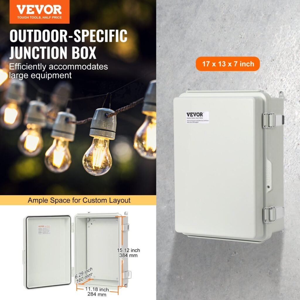Outdoor Electrical Junction Box, 16.93 X 12.99 X 7.09 In, ABS Plastic Electrical Enclosure Box With Hinged Cover Stainless Steel Latch, IP67 Dustproof Waterproof For Outdoor Electrical Projects