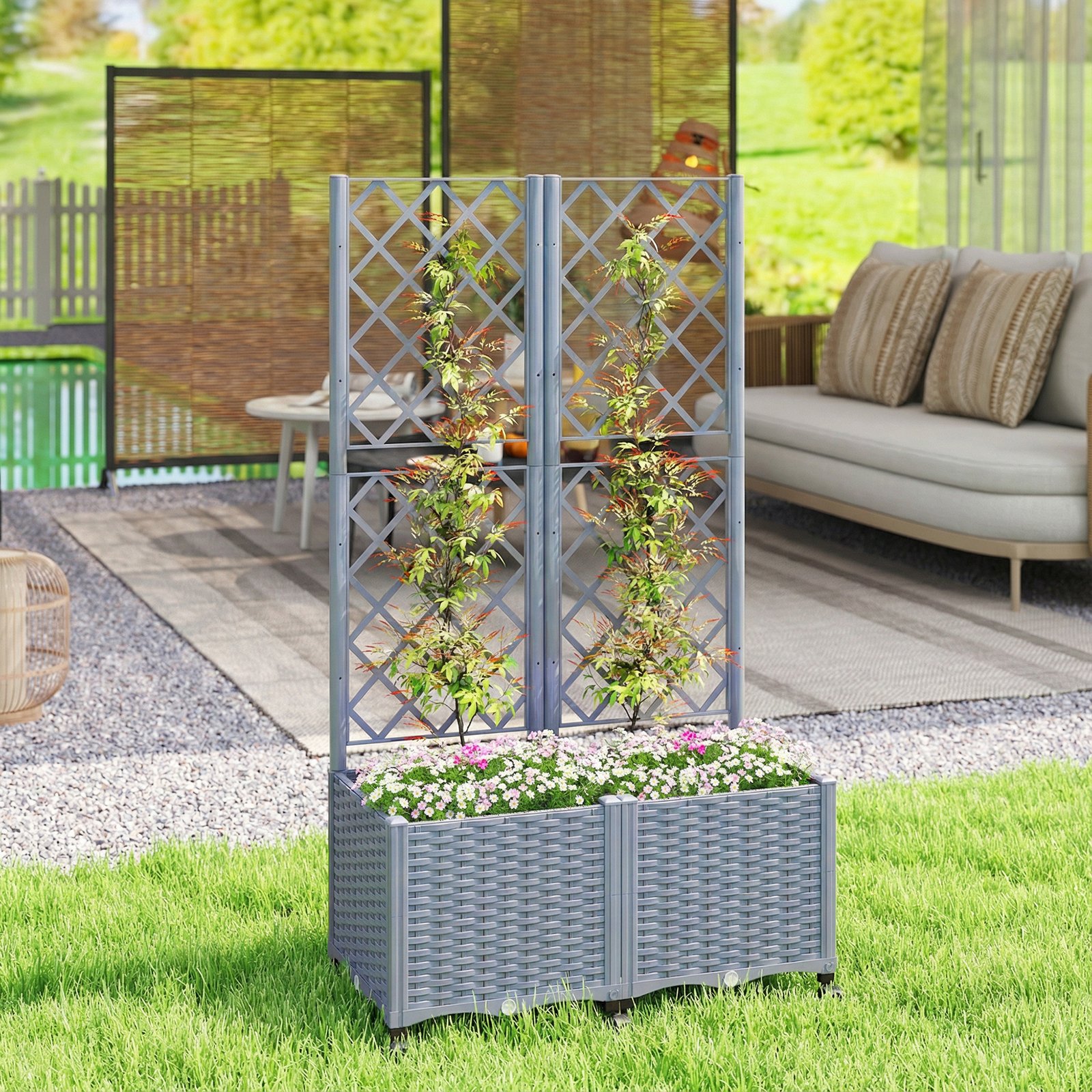 Planter Box with Trellis, Self Watering Raised Garden Bed with Lockable Wheels and Drainage Holes, Gray - Image 1