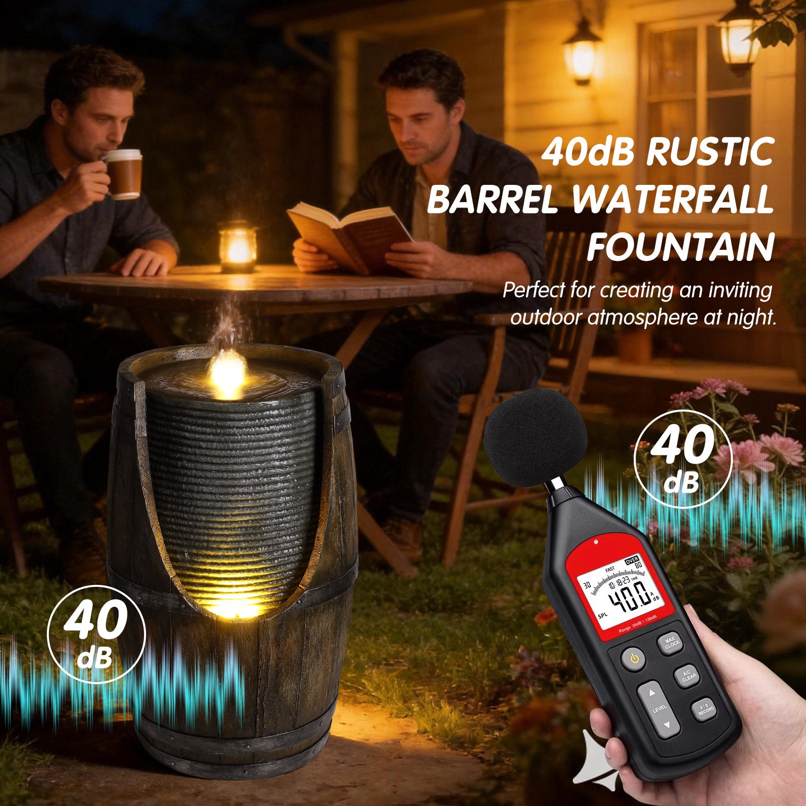 Outdoor Water Fountain With Bird Waterer, Rustic Barrel Garden Fountain With LED Lights And Pump, Faux Wood Resin Water Feature For Patio Backyard Porch Yard - Image 9