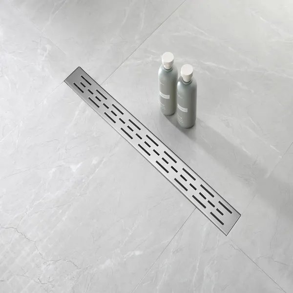 28 Inch Linear Shower Drain With Removable Brick Patterned Grate Cover, 304 Stainless Steel Shower Floor Drain With Hair Strainer And Leveling Feet