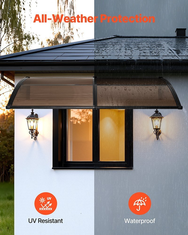 Awnings For Door Entrance, 38 X 78 In, Exterior Front Door Window Awnings With Drainage & Metal Bracket, Rain Snow Sun Protection, Overhang Polycarbonate Door Canopy For Porch Patio, Brown