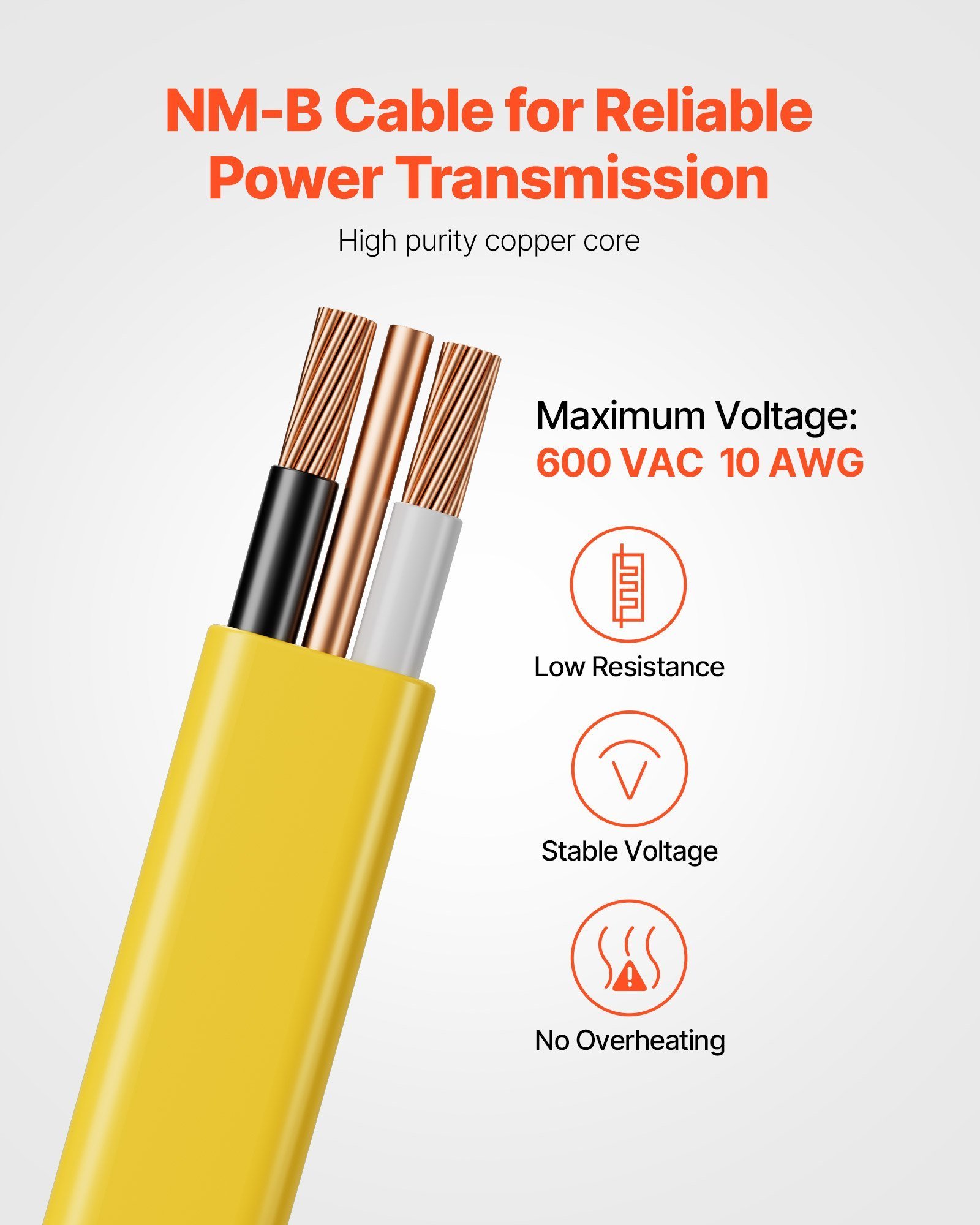 NM-B Wire 10AWG'2C Copper Core Cable 50 Ft Electrical Wire With Ground - Image 3