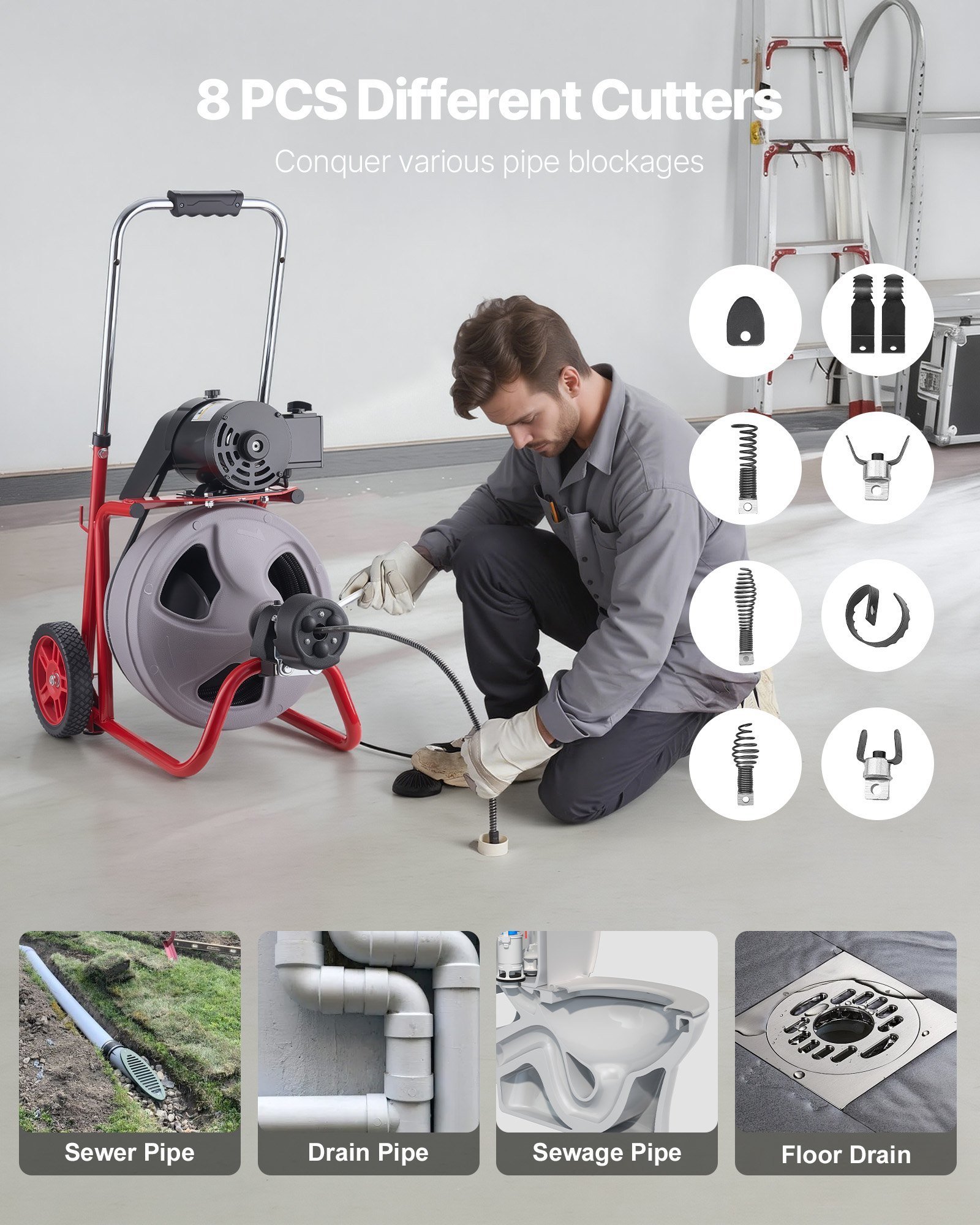 Drain Cleaner Machine 100 FT X 3/8 Inch, Auto Feed Sewer Snake Drain Auger On Wheels, Portable Drain Cleaning Machine With 8 Cutters & Air-Activated Foot Switch For 2" To 4" Pipes - Image 4