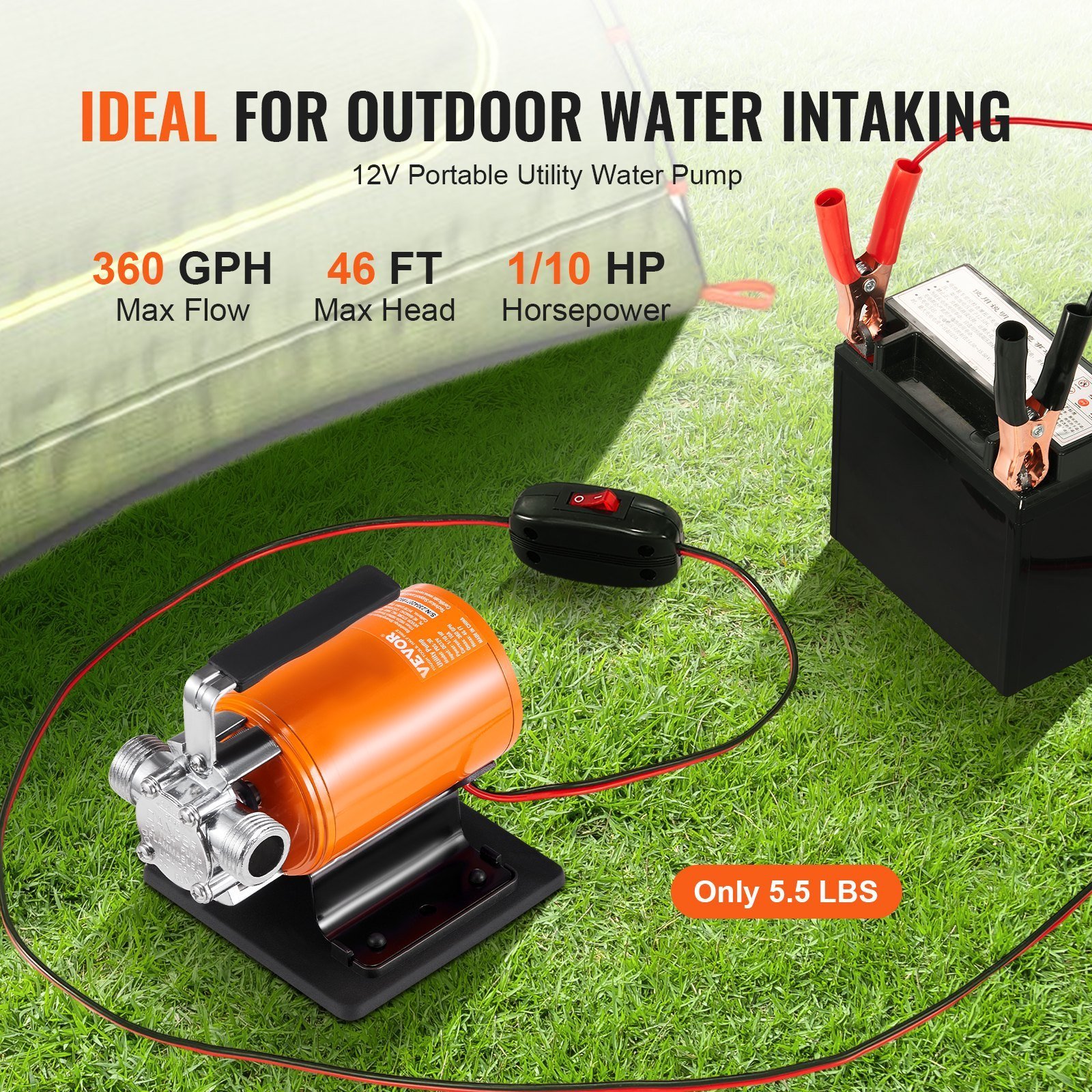 Water Transfer Pump, 12V DC 360 GPH 1/10HP, Portable Electric Utility Pump With 6 Ft Suction Hose Kit, Impeller, Suction Strainer, For Garden, Rain Barrel, Pool, Pond, Hot Tub, Aquarium Draining - Image 3