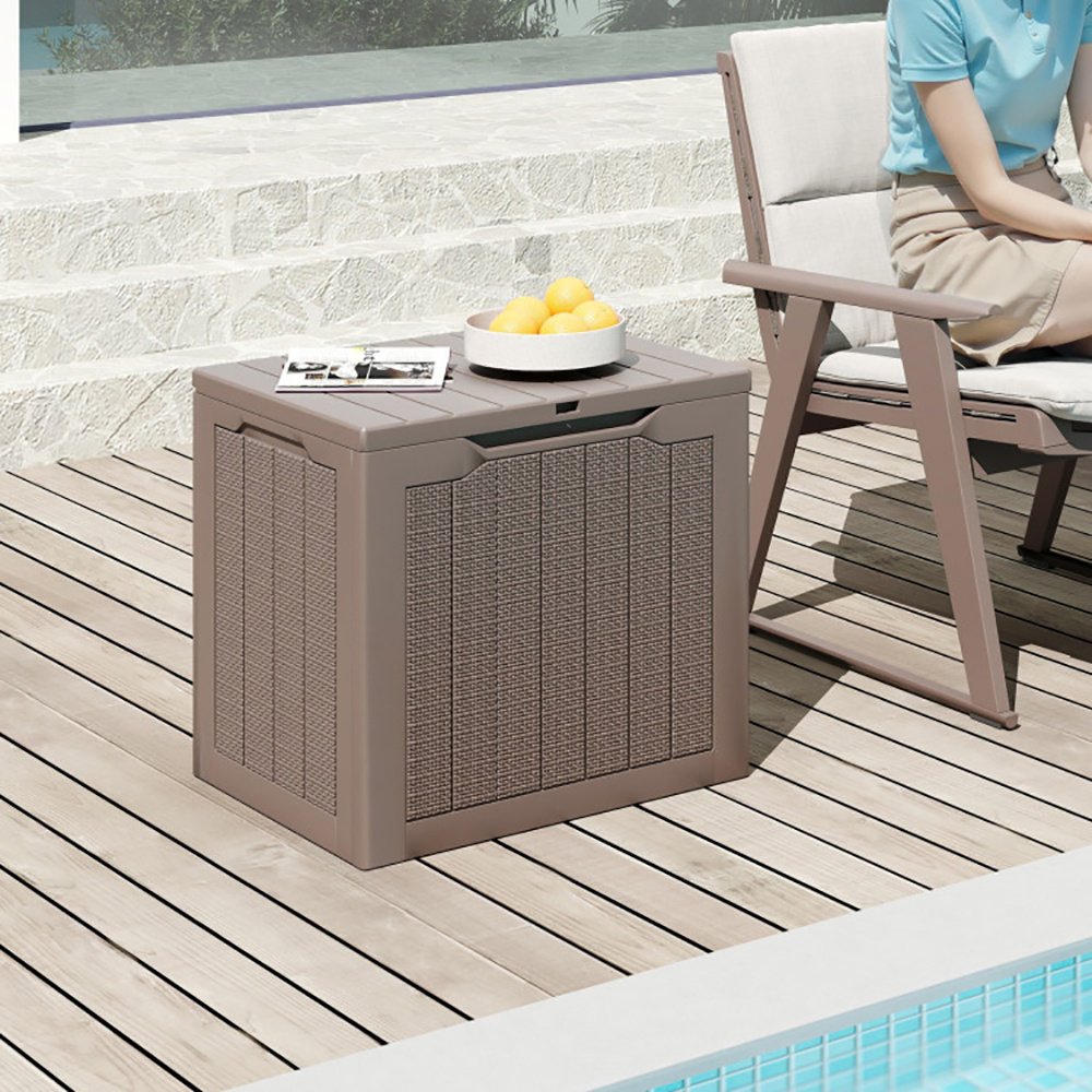 Outdoor Storage Box 25 Gallon Deck Box With Lockable Lid And Wicker-woven Texture For Storage Bin, Side Table Or Bench