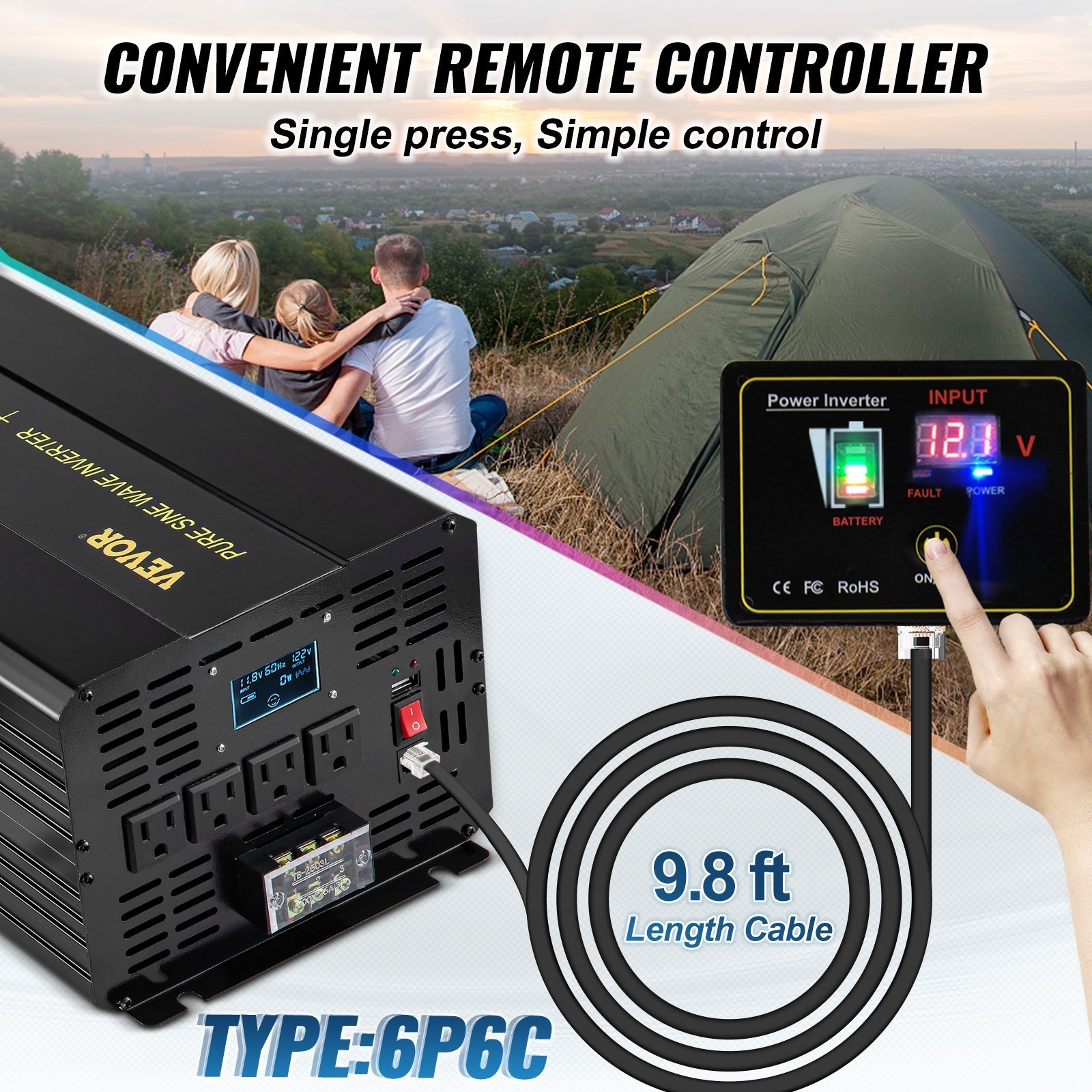 Pure Sine Wave Inverter, 5000 Watt, Power Inverter, DC 12V To AC 120V Car Inverter, With LCD Display, USB Port And Remote Controller, Power Converter For Car RV Truck Solar System Travel Camping - Image 3