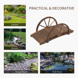 3.3ft Wooden Garden Bridge Arc Footbridge with Half-Wheel Style Railings & Solid Fir Construction, Stained Wood - Image 5