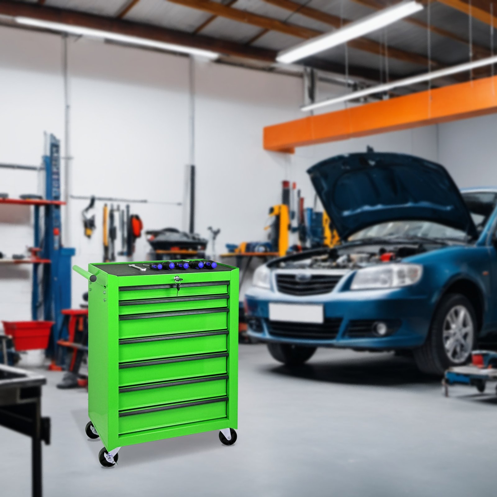 7-Drawer Rolling Tool Storage Cabinet With Detachable Top Tool Box, Universal Lockable Wheels, Adjustable Shelf, Locking Mechanism, Metal Tool Cart For Garage Workshop,Leaf Bright Green - Image 7