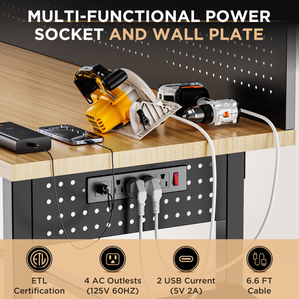 60 Inch Heavy Duty Workbench With Storage Cabinet, Wooden Top, 2000 Lbs Capacity, Large Garage Work Table With Pegboard, Power Outlet