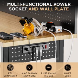 60 Inch Heavy Duty Workbench With Storage Cabinet, Wooden Top, 2000 Lbs Capacity, Large Garage Work Table With Pegboard, Power Outlet - Image 2