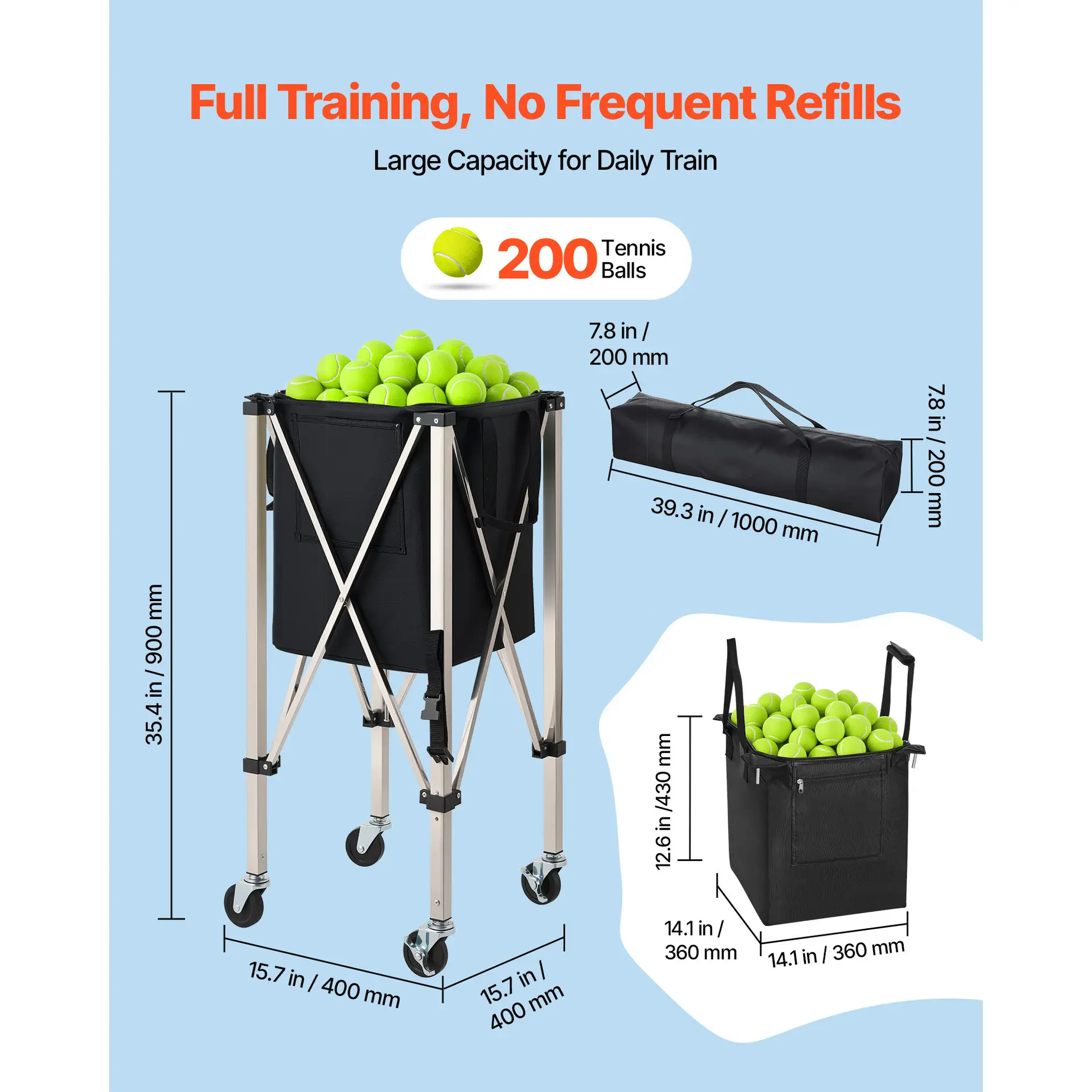 Tennis Ball Hopper, Holds 200 Tennis Balls, Foldable Pickleball Basket Cart With Wheels For Easy Pick Up, Stainless Steel Portable Pickleball Cart Caddy With Storage Bag, For Training Teaching - Image 5