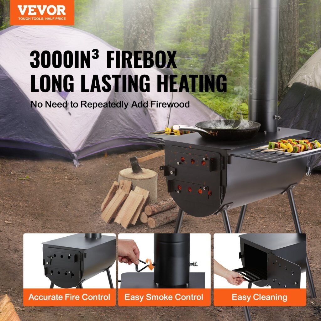 Wood Stove, 118 Inch, Alloy Steel Camping Tent Stove, Portable Wood Burning Stove With Chimney Pipes & Gloves, 3000in³Firebox Hot Tent Stove For Outdoor Cooking And Heating With 8 Pipes