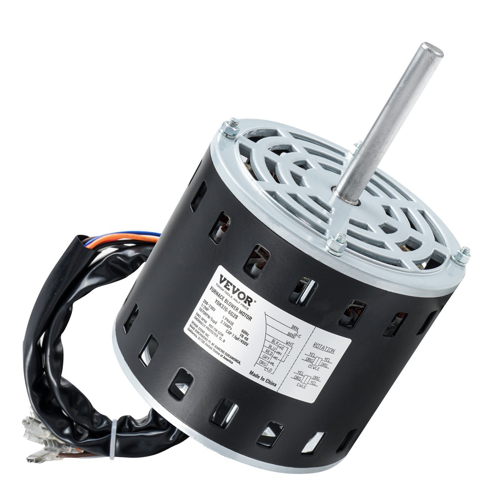 1/2HP Furnace Blower Motor, 208/230V 2.7Amps, 1075RPM 5 Speeds, CW/CCW Rotation, 48 Frame 3.4' Shaft Length, 7.5μF/450V Capacitor + 11' Hold Hoop - Image 1