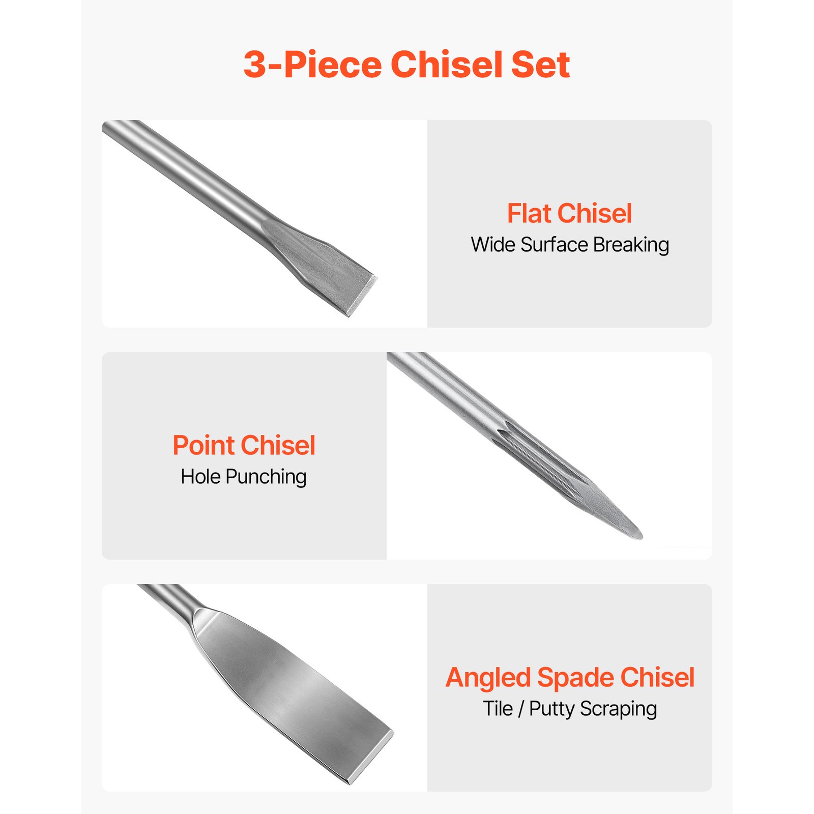 SDS Plus Chisel Set, 3 Pcs SDS Plus Rotary Hammer Drill Attachments, Includes Point, Flat, & Angled Spade Chisels, Heat Treated 40Cr Alloy Steel, Sharp Edge For Demolition, Concrete And Brick - Image 2