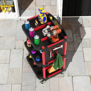 3-Tier Rolling Tool Cart, 200 LBS Capacity Plastic Utility Cart With Side Shelves For Garage, Workshop, Black And Red - Image 4