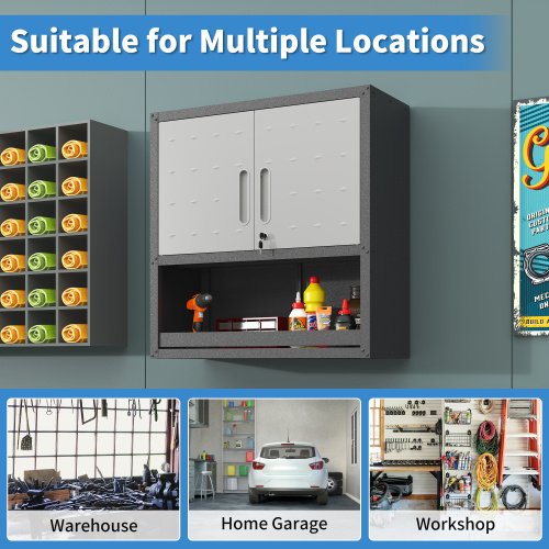 Metal Wall-Mounted Tool Storage Cabinet With Locking Door And 1 Shelf 1 Opened Drawer For Garage Warehouse,Office,Assembly Required