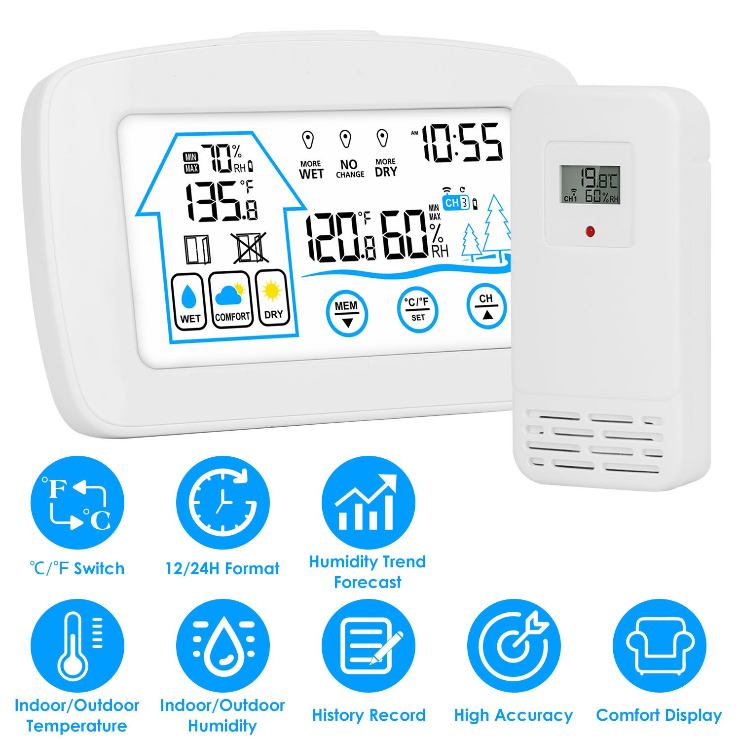 1Pc Wireless Weather Station With Clock 196FT Range Indoor Outdoor Thermometer Sensor Temperature And Humidity Monitor Humidity Forecast Battery Powered Backlight Display - Image 11