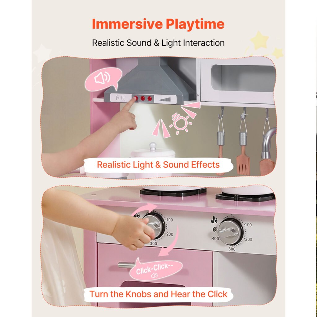 Play Kitchen For Kids, Wooden, Kids Kitchen Playset With Real Lights & Sounds, Food & Cookware Accessories, Pretend Play Toy Set, Range Hood, Microwave, For Toddlers, Girls & Boys Ages 3-8, P Ink