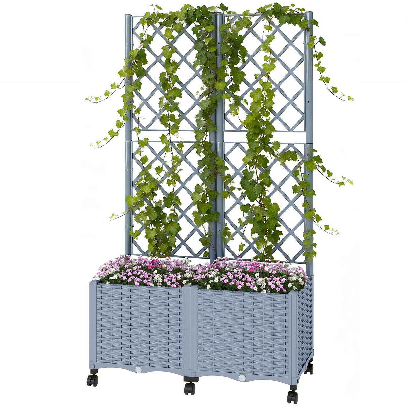 Planter Box with Trellis, Self Watering Raised Garden Bed with Lockable Wheels and Drainage Holes, Gray - Image 9