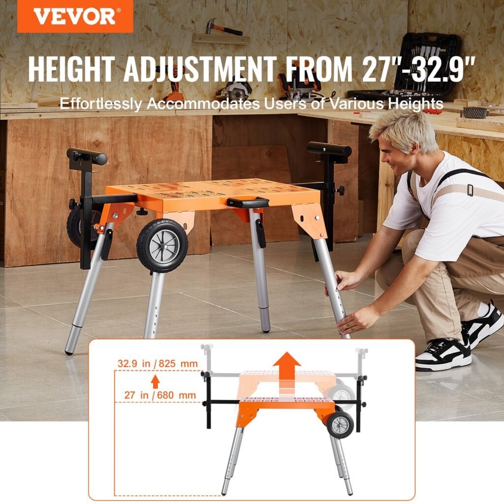 Miter Saw Stand With Tabletop And Wheels 330lbs Load Capacity Adjustable