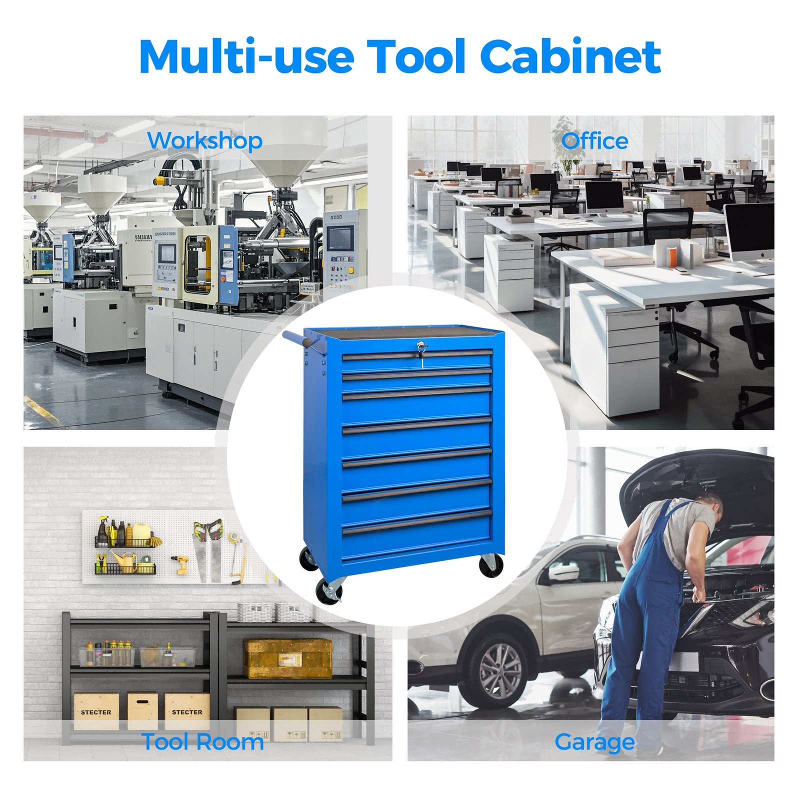 7-Drawer Rolling Tool Storage Cabinet With Detachable Top Tool Box, Universal Lockable Wheels, Adjustable Shelf, Locking Mechanism, Metal Tool Cart For Garage Workshop,Twilight Sea Blue - Image 3