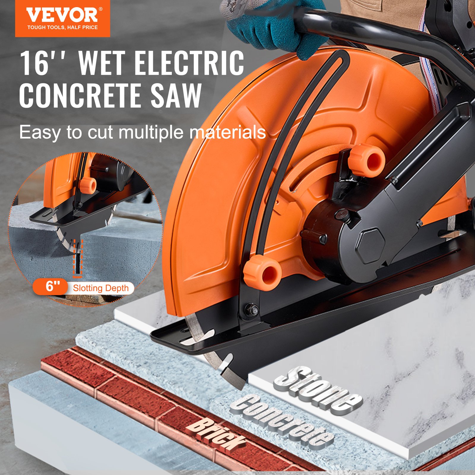 VEVOR Electric Concrete Saw, 16 In, 3200 W 15 A Motor Circular Saw Cutter With Max. 6 In Adjustable Cutting Depth, Wet Disk Saw Cutter Includes Water Line, Pump And Blade, For Stone, Brick - Image 3