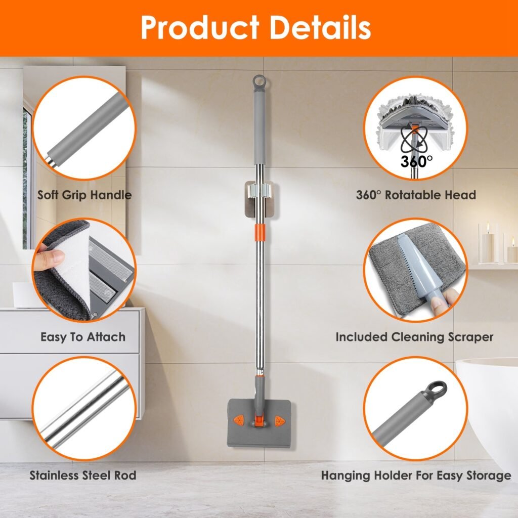 1Set 2 In 1 Baseboard Cleaner Mop Wall Cleaner Mop With Squeegee Extendable Long Handle 8 Reusable Fiber Flannel Chenille Mop Pads 360 Rotatable Convex Design Baseboard Mop For Wall Ceiling Window