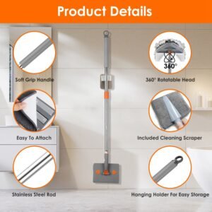 1Set 2 In 1 Baseboard Cleaner Mop Wall Cleaner Mop With Squeegee Extendable Long Handle 8 Reusable Fiber Flannel Chenille Mop Pads 360 Rotatable Convex Design Baseboard Mop For Wall Ceiling Window - Image 8