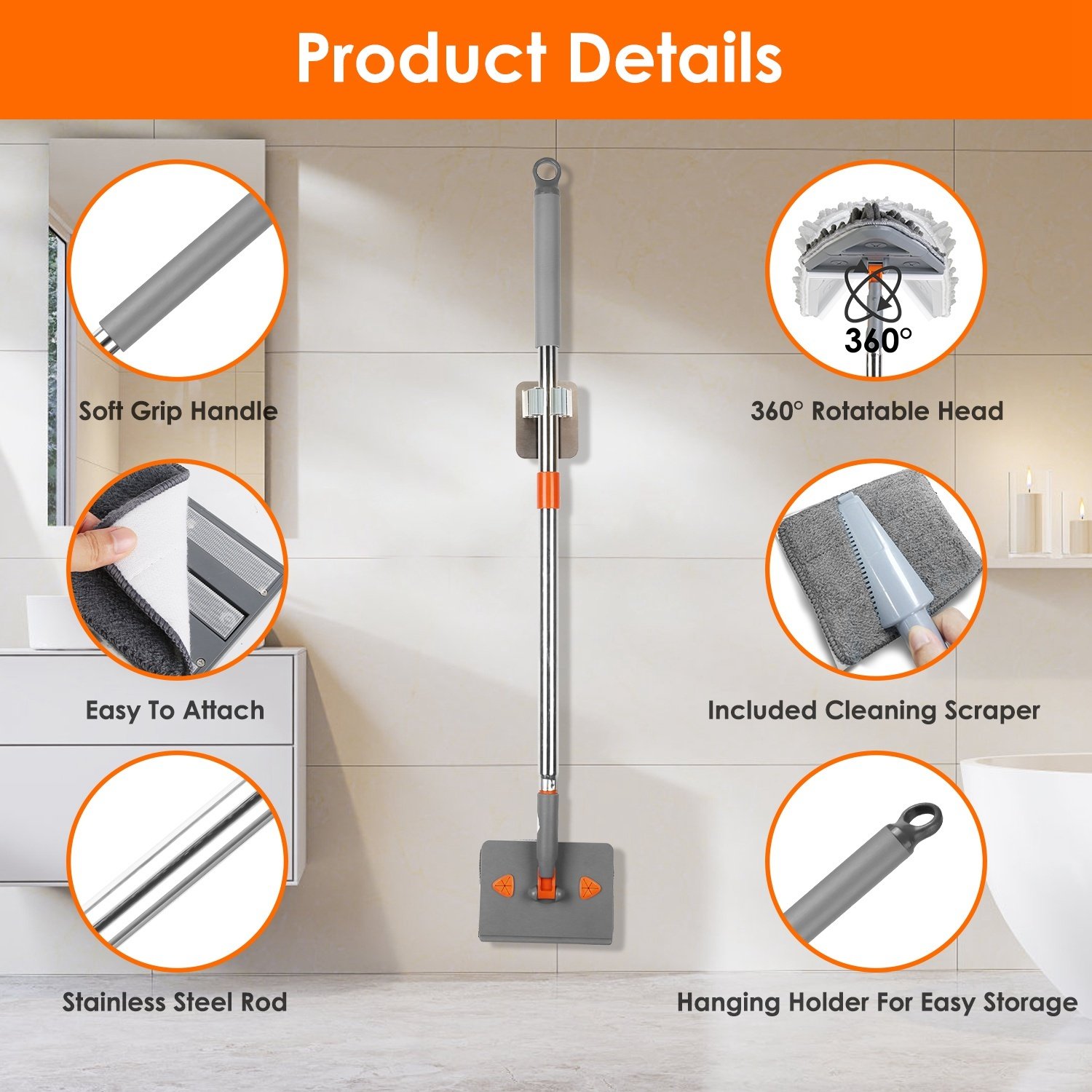 1Set 2 In 1 Baseboard Cleaner Mop Wall Cleaner Mop With Squeegee Extendable Long Handle 8 Reusable Fiber Flannel Chenille Mop Pads 360 Rotatable Convex Design Baseboard Mop For Wall Ceiling Window - Image 8