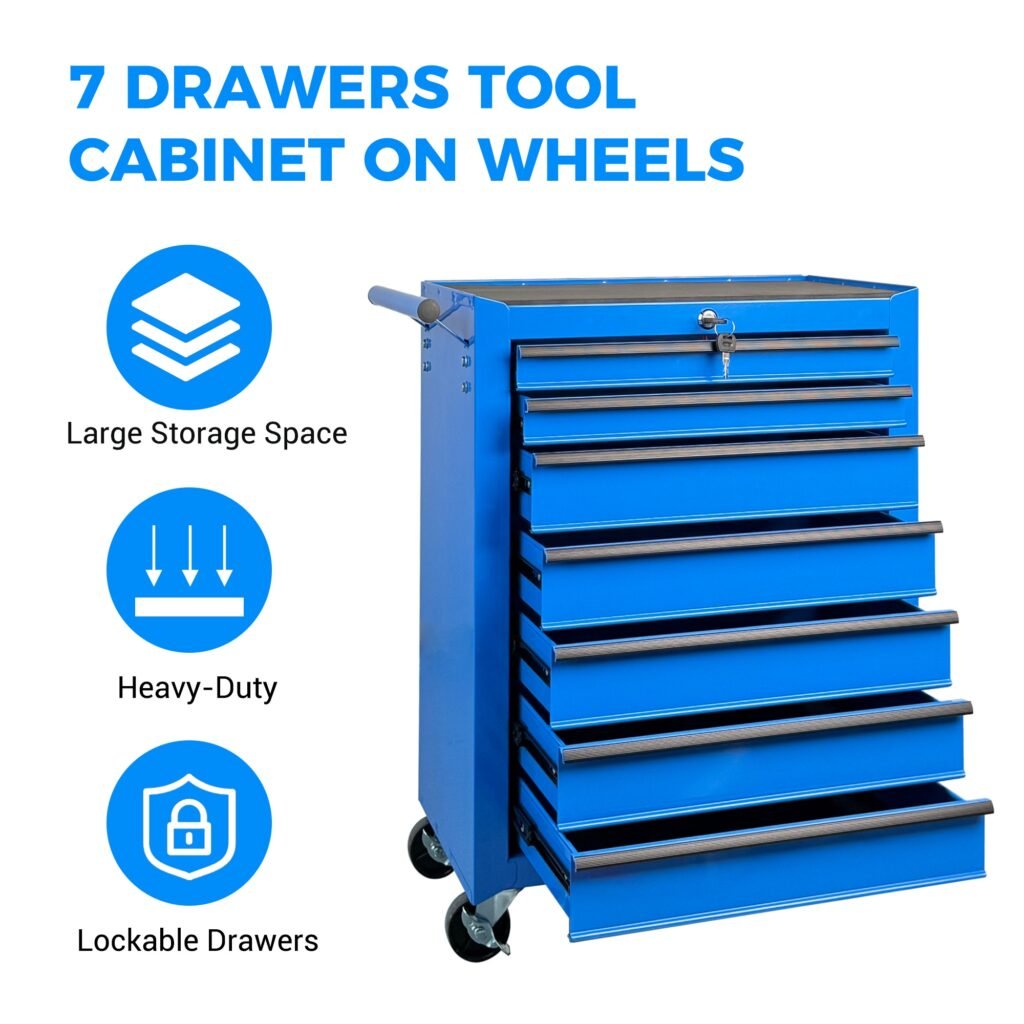 7-Drawer Rolling Tool Storage Cabinet With Detachable Top Tool Box, Universal Lockable Wheels, Adjustable Shelf, Locking Mechanism, Metal Tool Cart For Garage Workshop,Twilight Sea Blue