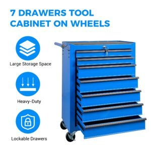 7-Drawer Rolling Tool Storage Cabinet With Detachable Top Tool Box, Universal Lockable Wheels, Adjustable Shelf, Locking Mechanism, Metal Tool Cart For Garage Workshop,Twilight Sea Blue - Image 7