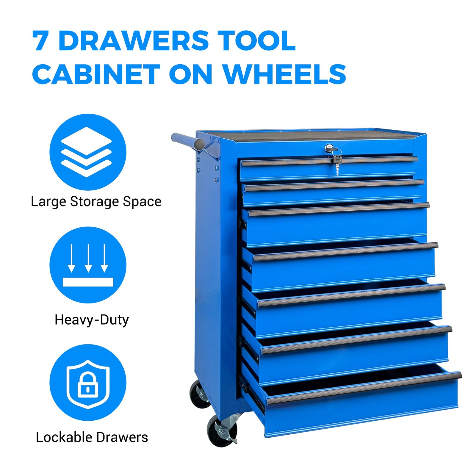 7-Drawer Rolling Tool Storage Cabinet With Detachable Top Tool Box, Universal Lockable Wheels, Adjustable Shelf, Locking Mechanism, Metal Tool Cart For Garage Workshop,Twilight Sea Blue - Image 7