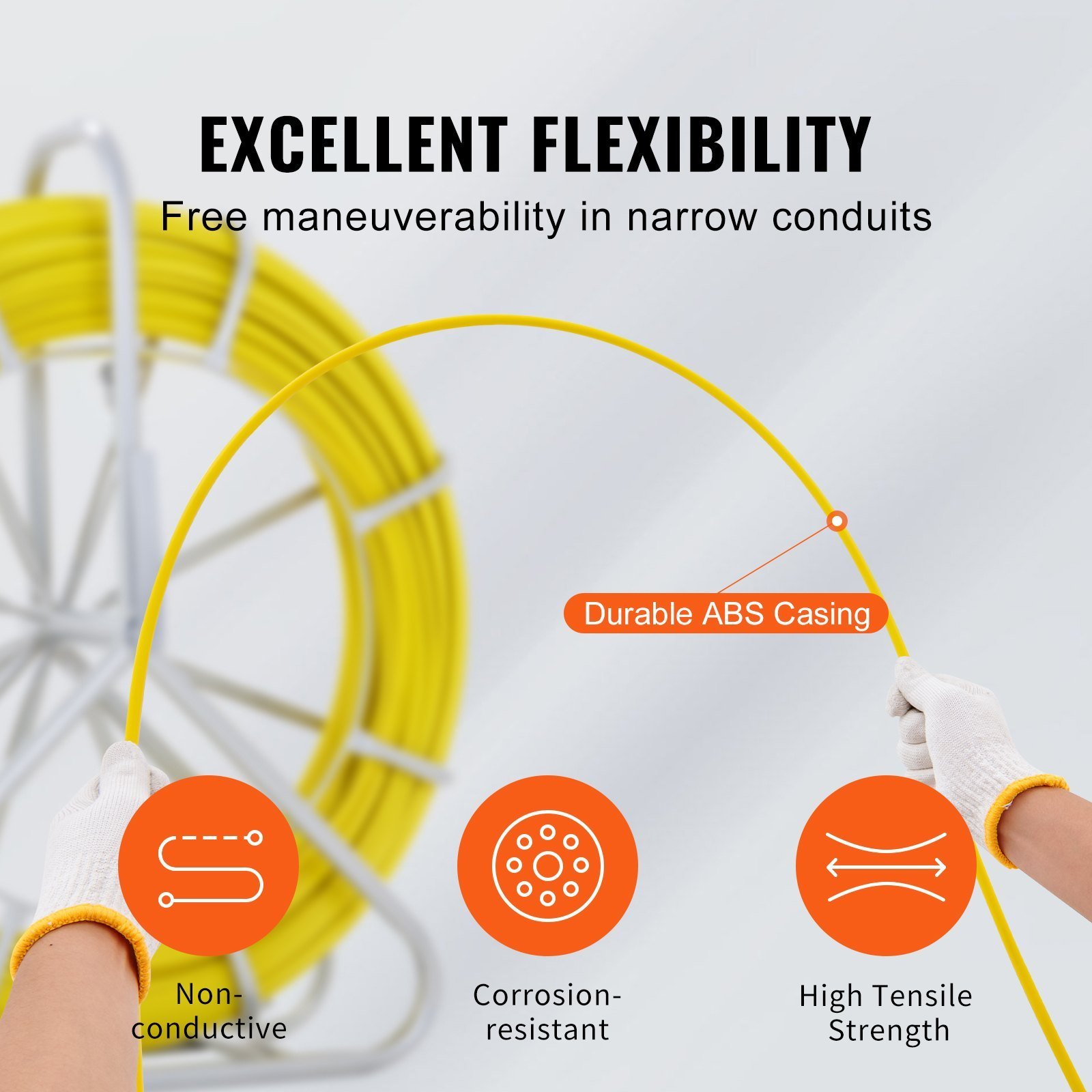 Fish Tape Fiberglass, 656 Ft, 1/4 Inch, Duct Rodder Fishtape Wire Puller, Cable Running Rod With Steel Reel Stand, 3 Pulling Heads, Fishing Tools For Walls And Electrical Conduit, Non-Conductive - Image 3