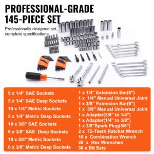 VEVOR Mechanics Tool Set And Socket Set,  Drive Deep And Standard Sockets, 145 Pcs SAE And Metric Mechanic Tool Kit With Bits, Combination Wrench, Hex Wrenches, Accessories, Storage Case - Image 8