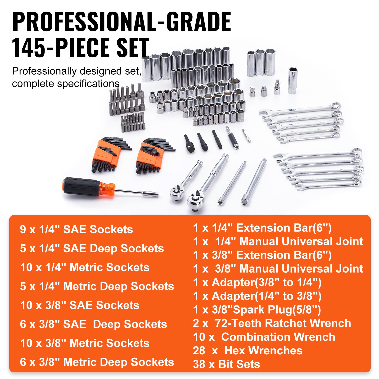 VEVOR Mechanics Tool Set And Socket Set,  Drive Deep And Standard Sockets, 145 Pcs SAE And Metric Mechanic Tool Kit With Bits, Combination Wrench, Hex Wrenches, Accessories, Storage Case - Image 8