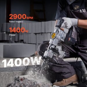 Demolition Jack Hammer, 1400W Electric Jackhammer Heavy Duty, 2pcs Chisels Bits Chipping With Case, 2900 BPM Concrete Breaker, Gloves Black - Image 2