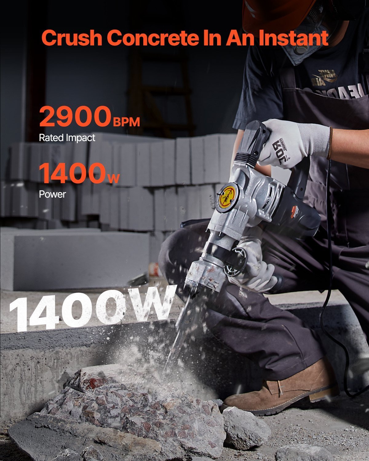 Demolition Jack Hammer, 1400W Electric Jackhammer Heavy Duty, 2pcs Chisels Bits Chipping With Case, 2900 BPM Concrete Breaker, Gloves Black - Image 2