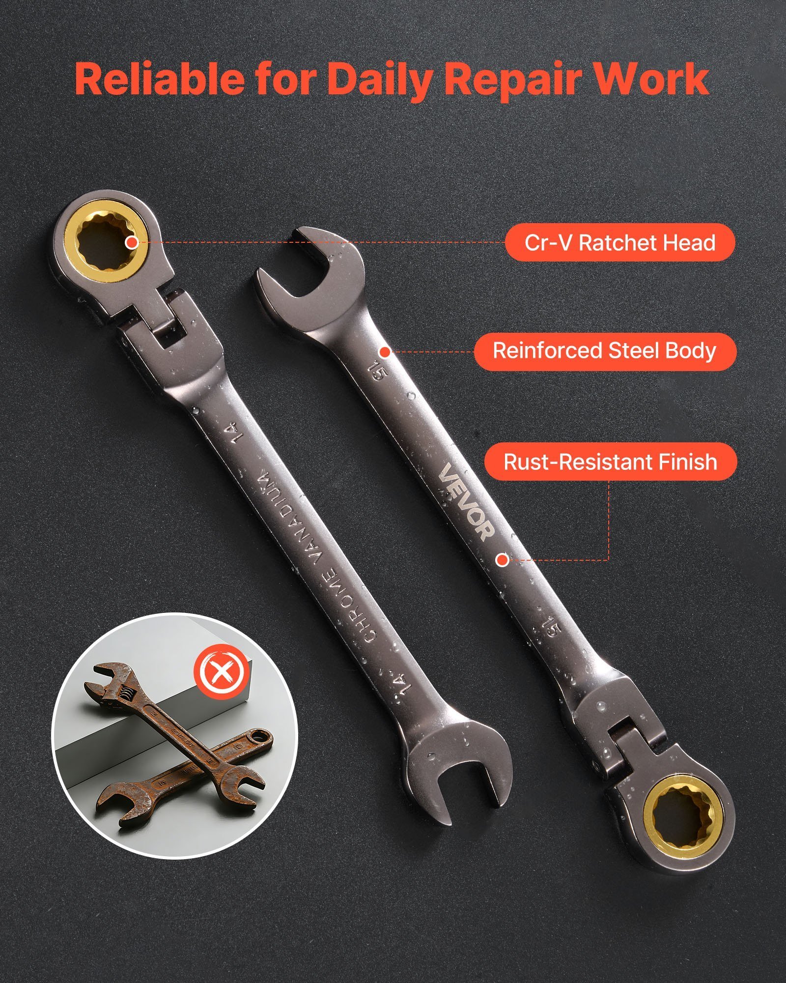 Flex-Head Ratcheting Wrench Set, 24-Piece SAE And Metric, 72 Teeth, Cr-V Steel Ratchet Flexible Combination Wrench Set With Storage Case, For General Household, Automotive Repairs, Gray Nickel - Image 2