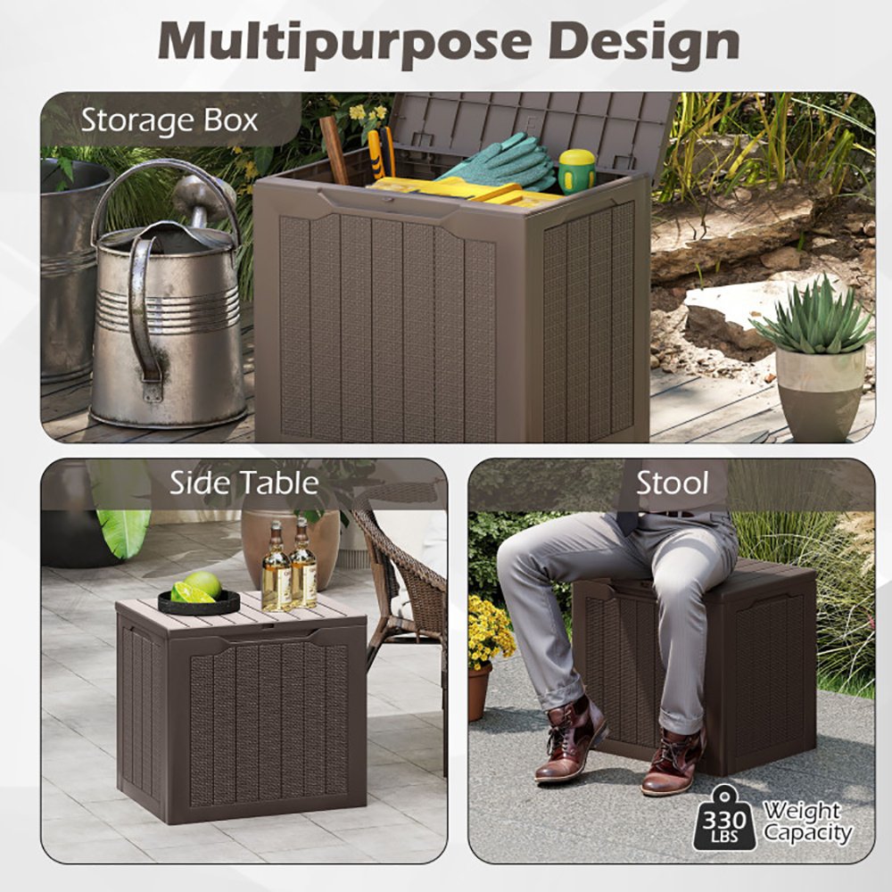 Outdoor Storage Box 25 Gallon Deck Box With Lockable Lid And Wicker-woven Texture For Storage Bin, Side Table Or Bench