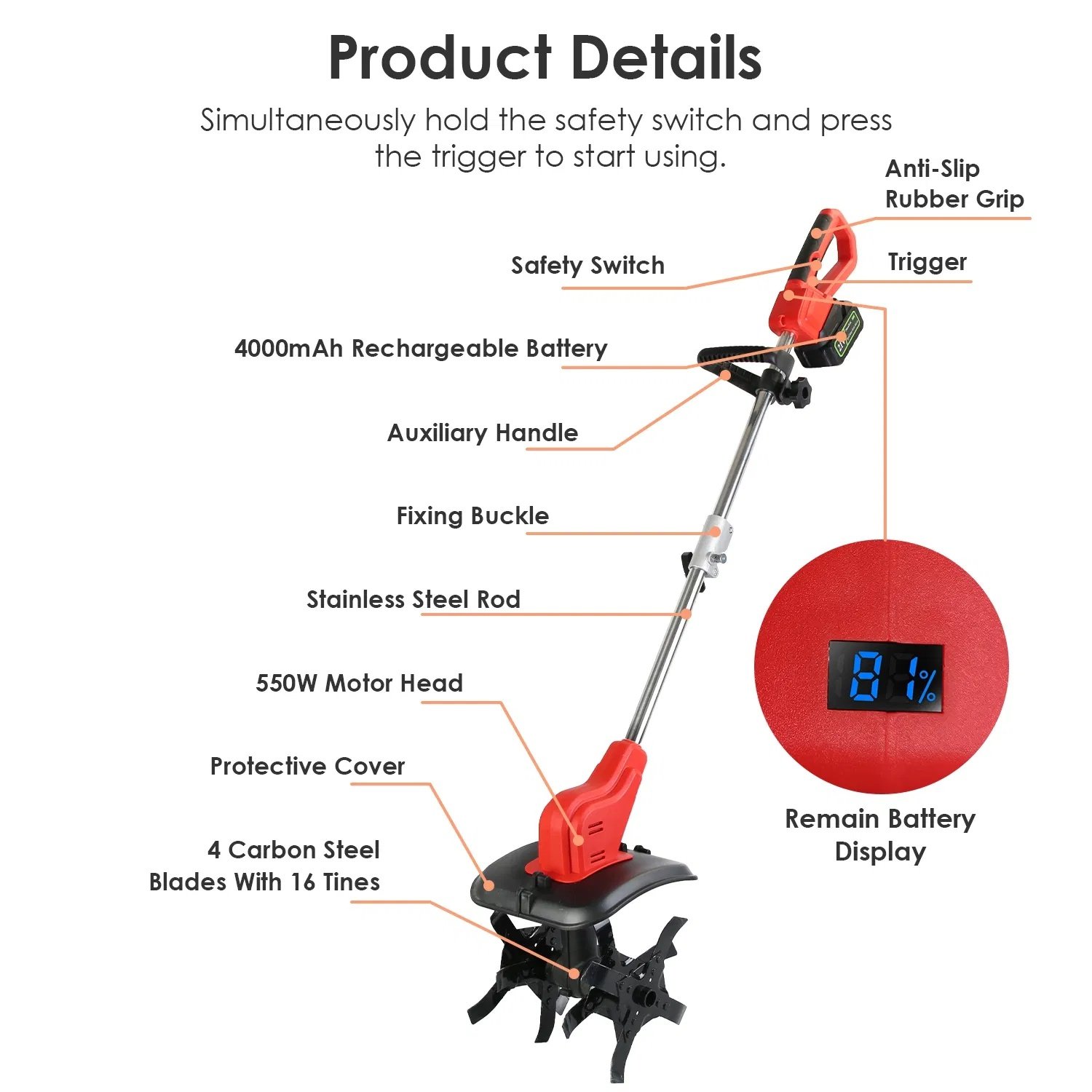 21V Electric Cordless Tiller Cultivator Powered Garden Tiller With 4 Blades 16 Steel Tines 550W 300RPM 4000mAh Battery Tilling 9-in Width & 9-in Depth For Lawn Gardening Soil Cultivation - Image 3