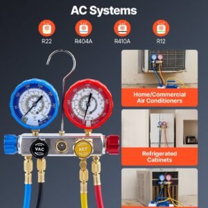AC Manifold Gauge Set For R22 R404A R410A R12 Refrigerants, 4 Way AC Gauges With 5 Ft Hoses For Automotive & Household Air Conditioning Maintenance, Evacuation Vacuuming Charging And Recovery - Image 5