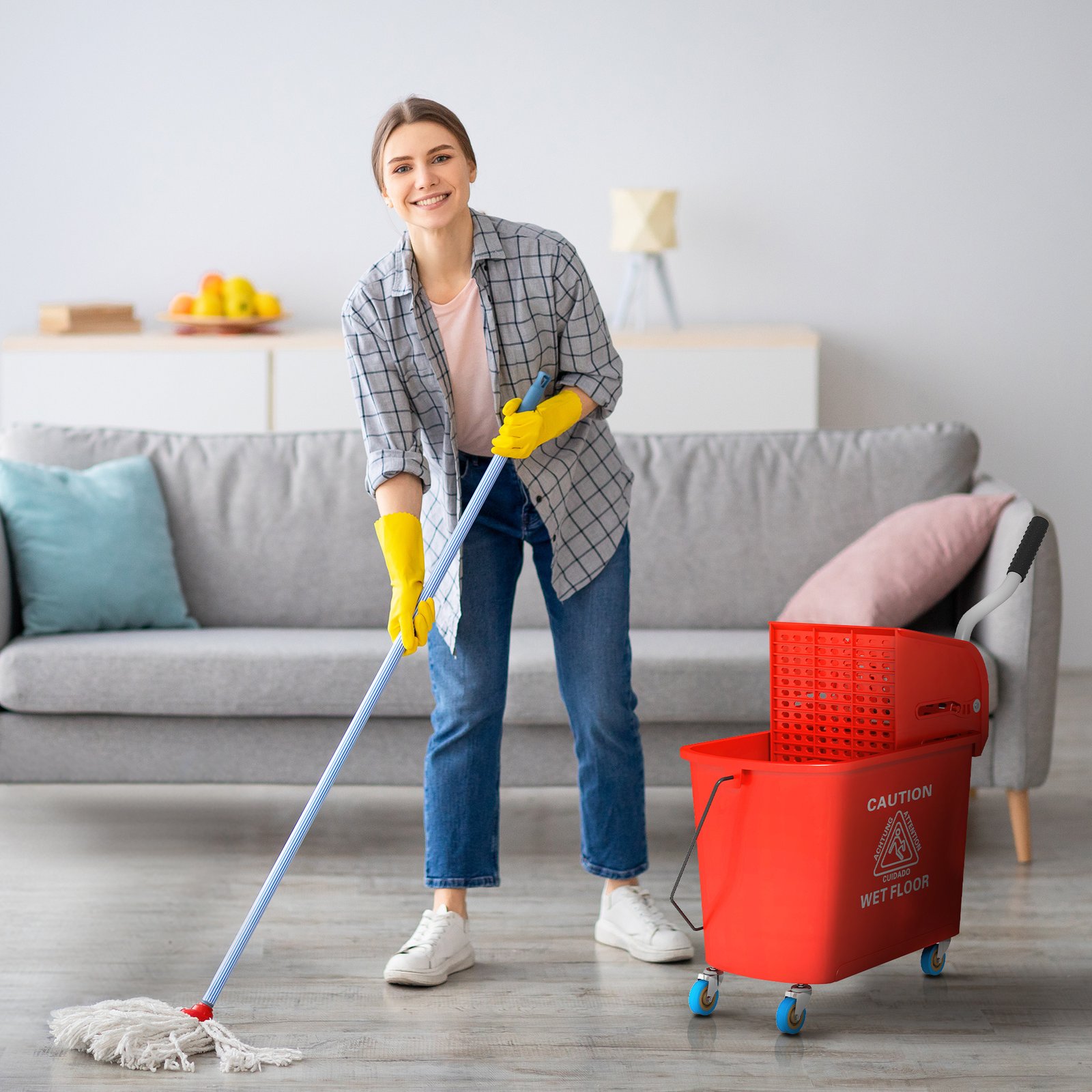 Compact Mop Bucket with Wringer, Mop Bucket on Wheels for Floor Cleaning, 21 Quart, Separate Dirty and Clean Water, Red - Image 4