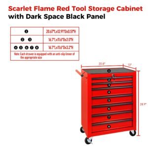 7-Drawer Rolling Tool Storage Cabinet With Detachable Top Tool Box, Universal Lockable Wheels, Adjustable Shelf, Locking Mechanism, Metal Tool Cart For Garage Workshop,Scarlet Flame Red - Image 6