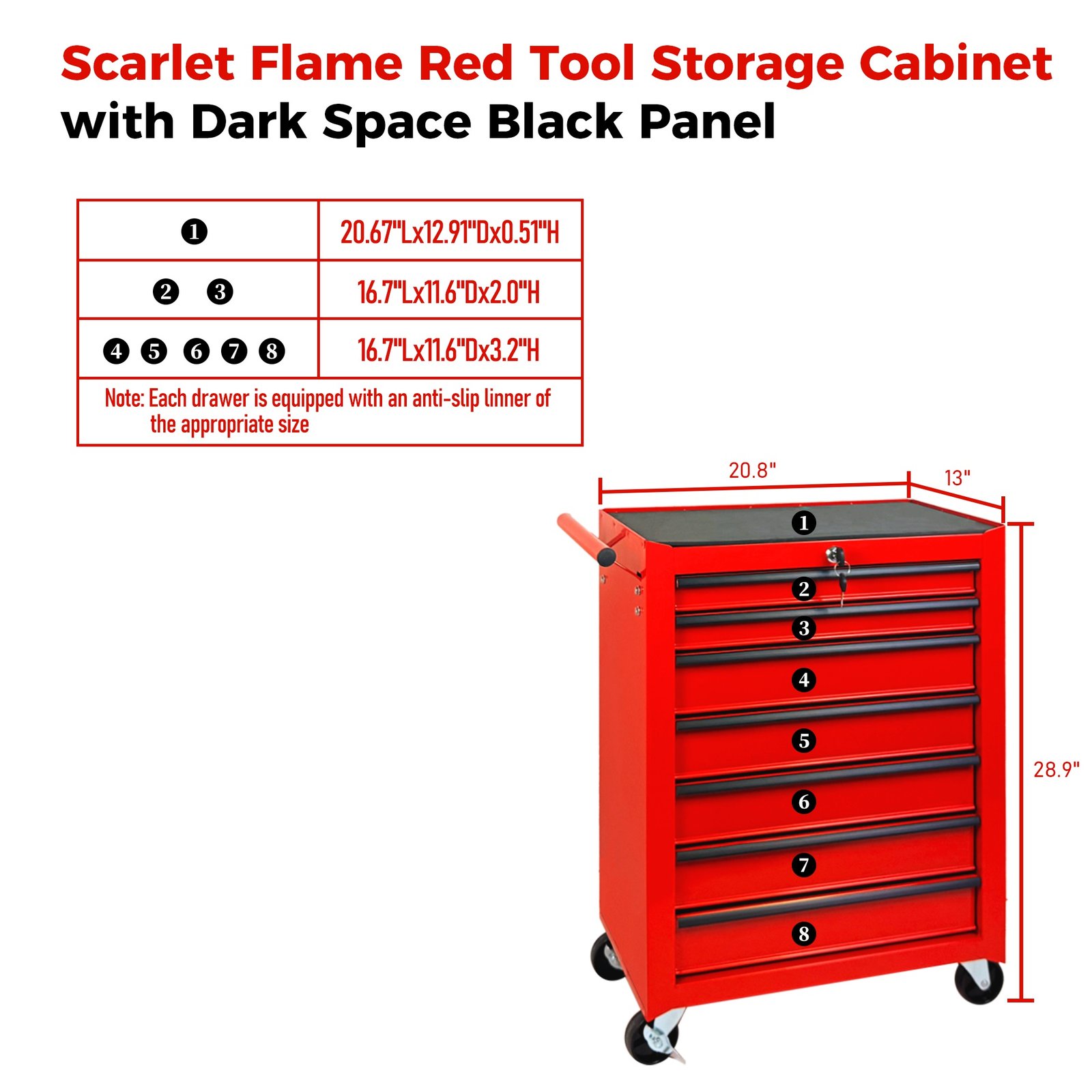 7-Drawer Rolling Tool Storage Cabinet With Detachable Top Tool Box, Universal Lockable Wheels, Adjustable Shelf, Locking Mechanism, Metal Tool Cart For Garage Workshop,Scarlet Flame Red - Image 6