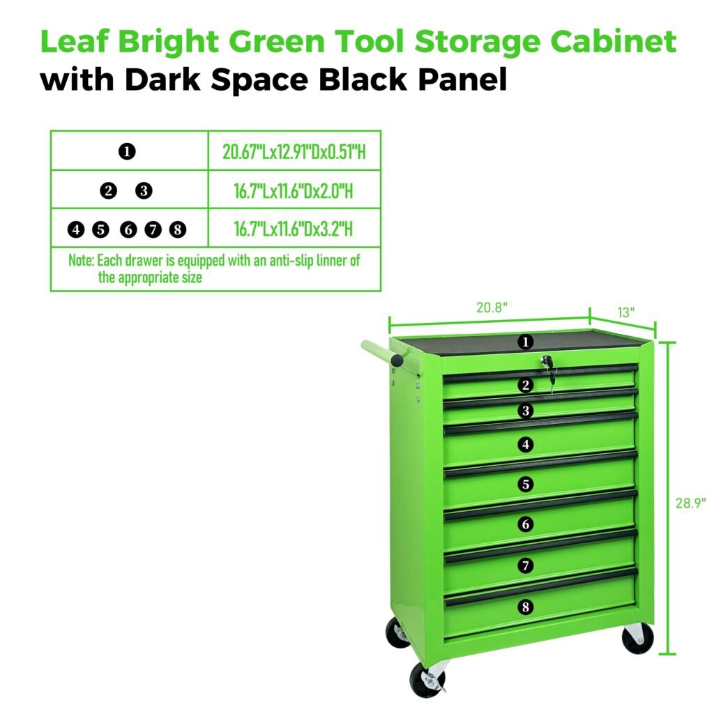 7-Drawer Rolling Tool Storage Cabinet With Detachable Top Tool Box, Universal Lockable Wheels, Adjustable Shelf, Locking Mechanism, Metal Tool Cart For Garage Workshop,Leaf Bright Green