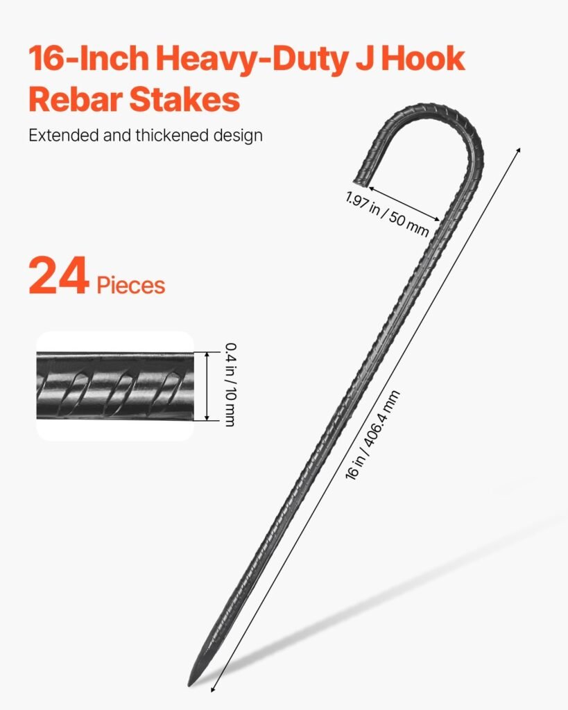 16-Inch 24 Pack Rebar Stakes Heavy Duty J Hook Galvanized Steel Ground Anchors
